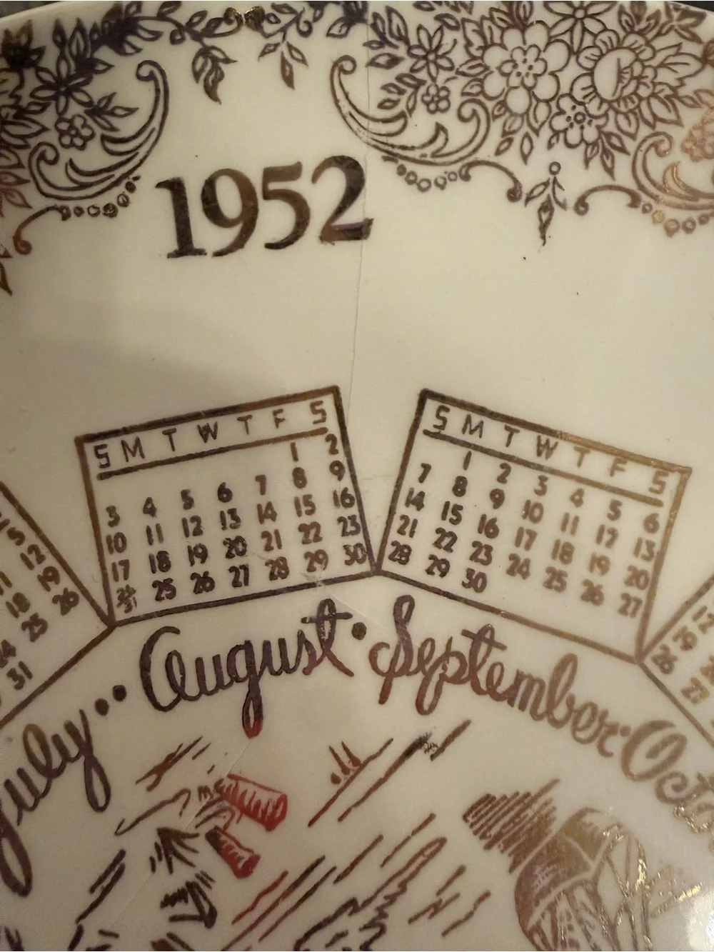 Vintage 1952 Brown Calendar Decorative Plate